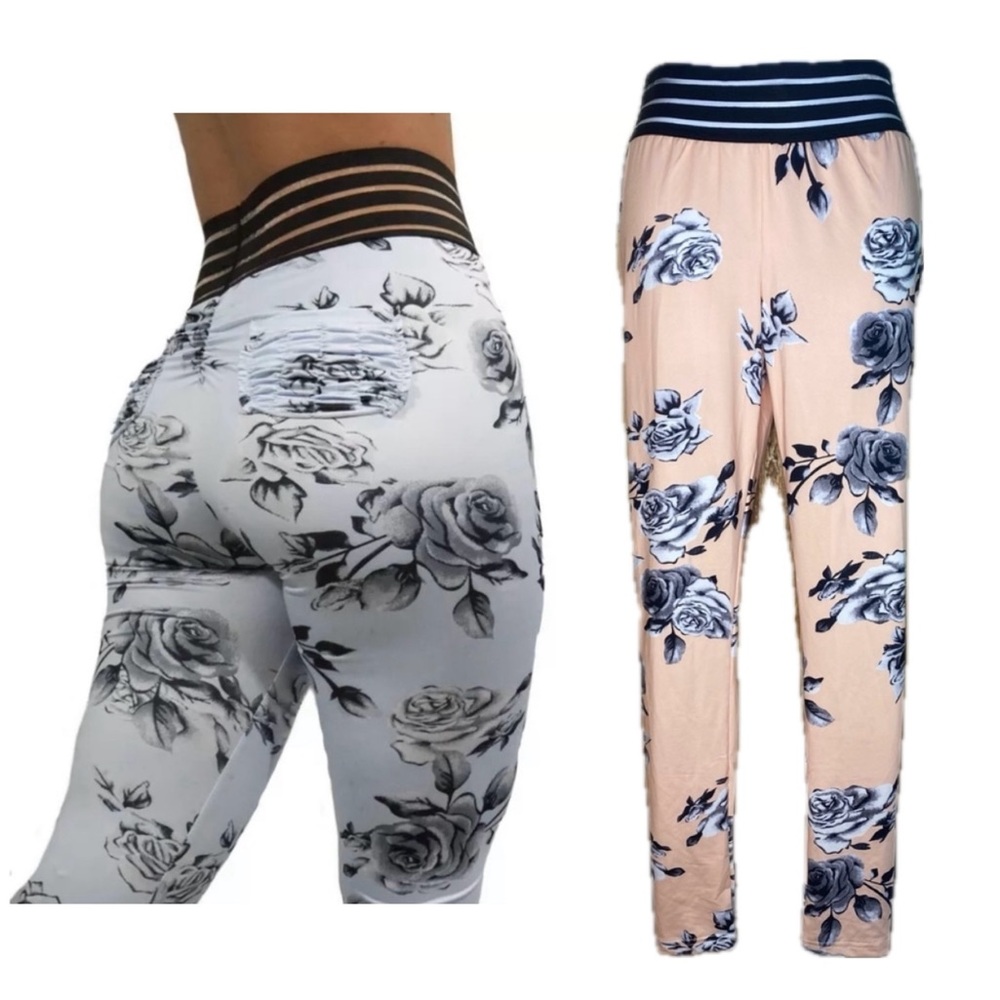 Pretty floral leggings size medium, ruched butt